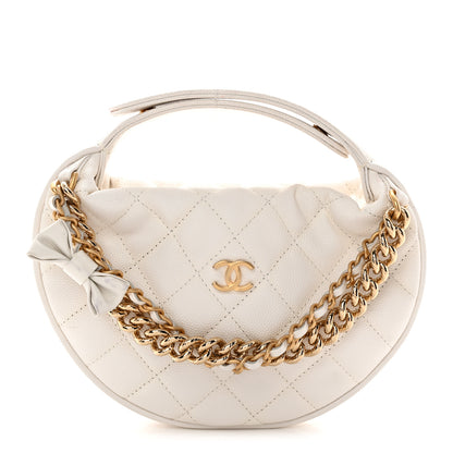 Chanel Shiny Caviar Quilted Bow Pouch Hobo White 1 of 13