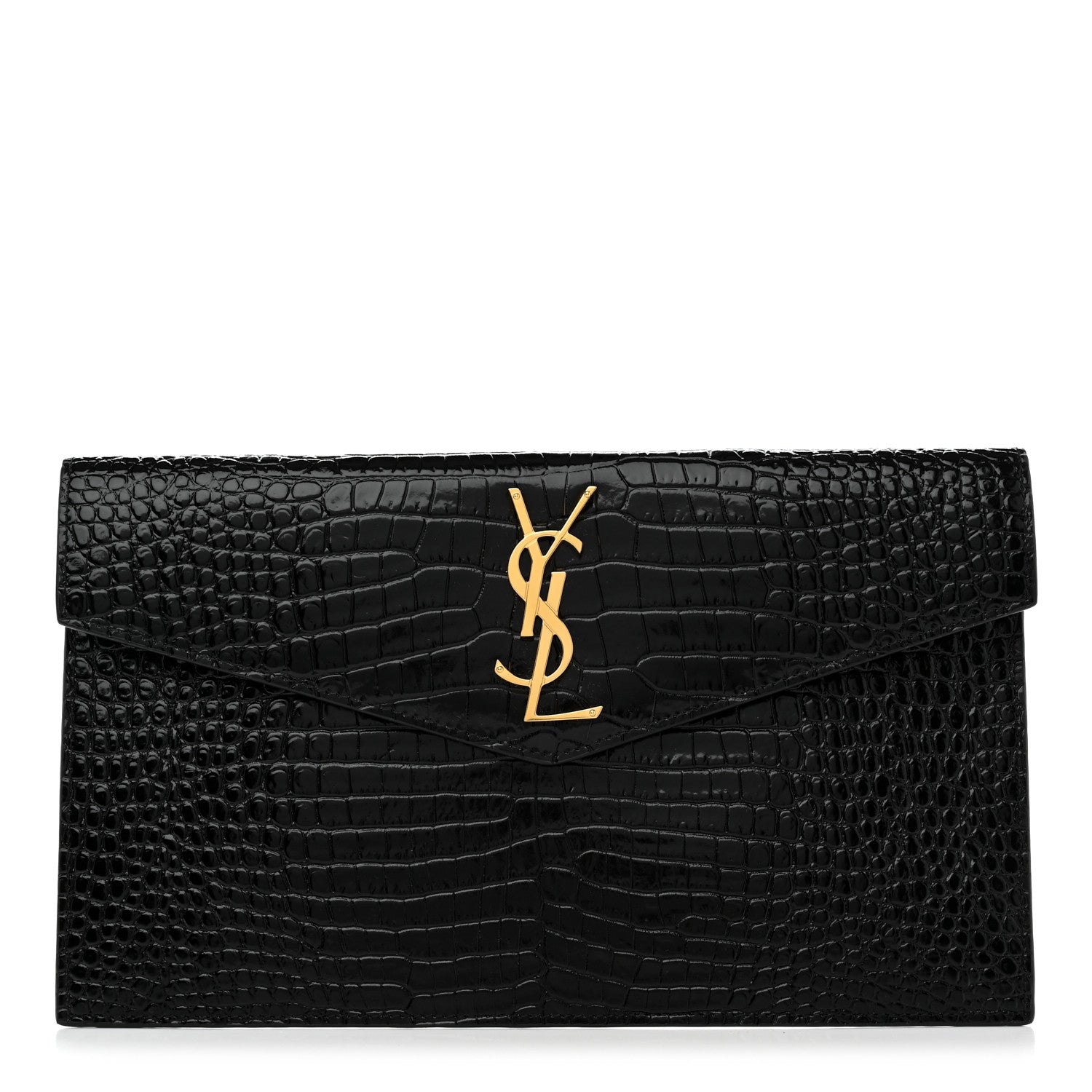Saint Laurent Calfskin Crocodile Embossed Uptown Monogram Clutch Black 1 of 7