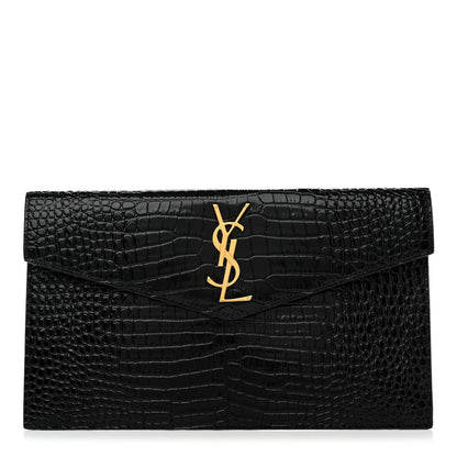 Saint Laurent Calfskin Crocodile Embossed Uptown Monogram Clutch Black 1 of 7