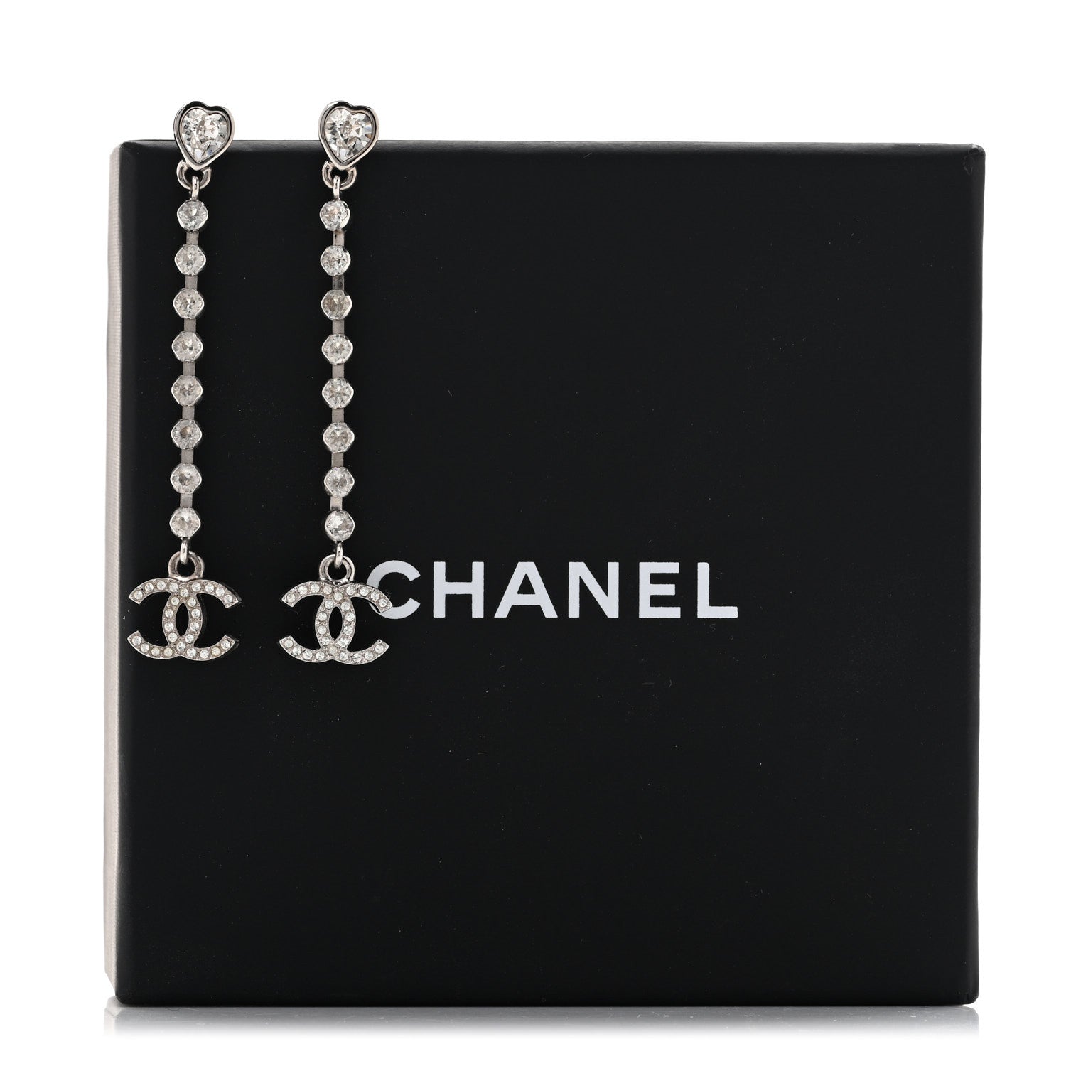 Chanel Crystal CC Heart Drop Earrings Silver 6 of 6