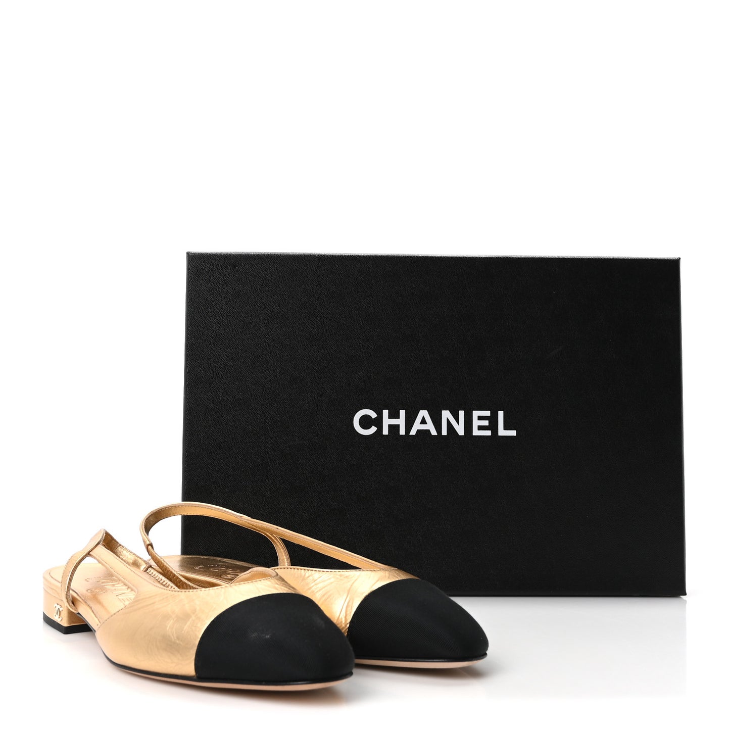 Goatskin Grosgrain Cap Toe CC Slingback Sandals 36 Dark Gold Black