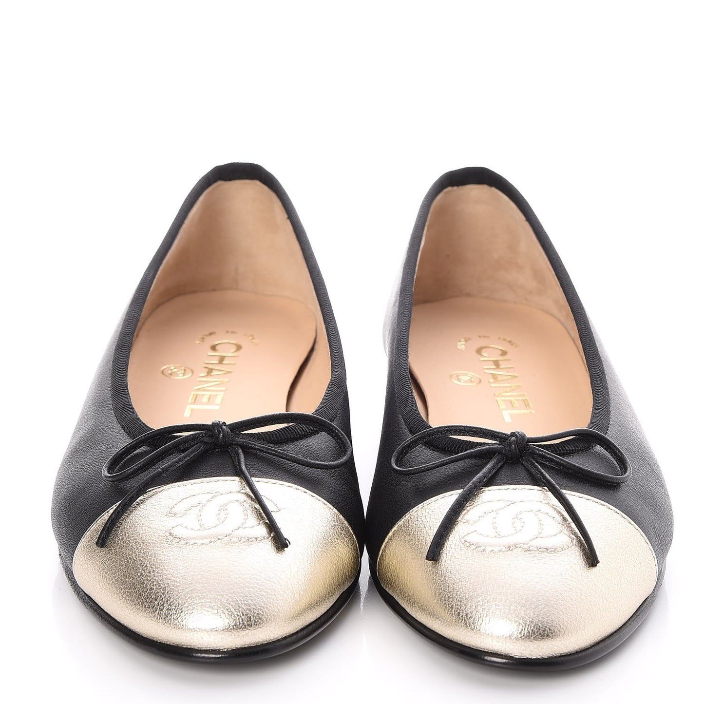 Lambskin Cap Toe Ballerina Flats 36.5 Black Light Gold