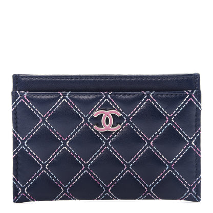 Chanel Lambskin Double Stitch Quilted Card Holder Navy Blue 1 of 9