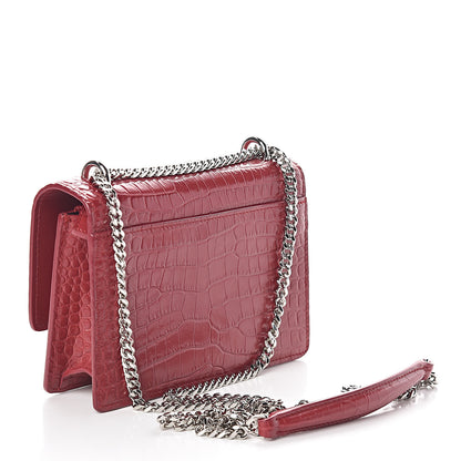 Saint Laurent Calfskin Crocodile Embossed Monogram Sunset Chain Wallet New Lipstick Red 3 of 9
