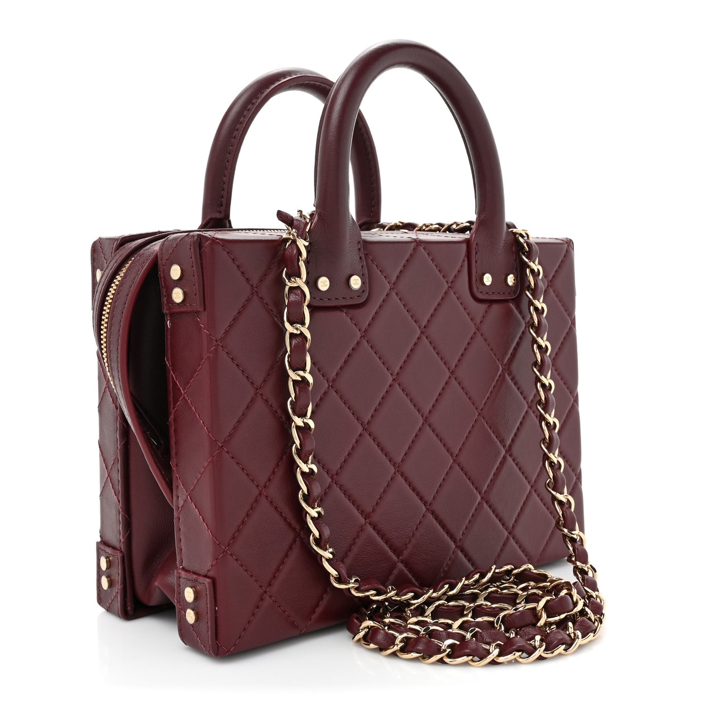 Calfskin Quilted Studded Square Vanity Case Burgundy