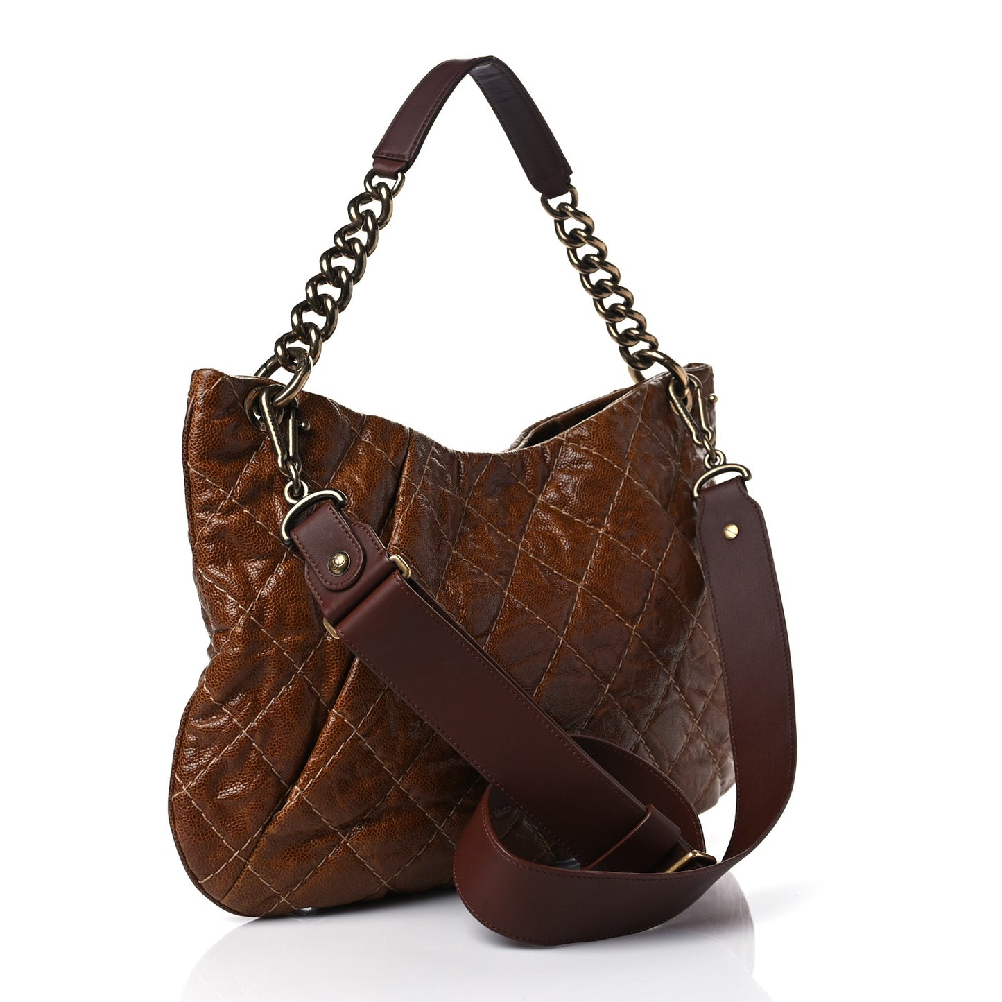Crumpled Grained Calfskin Coco Pleats Hobo Brown