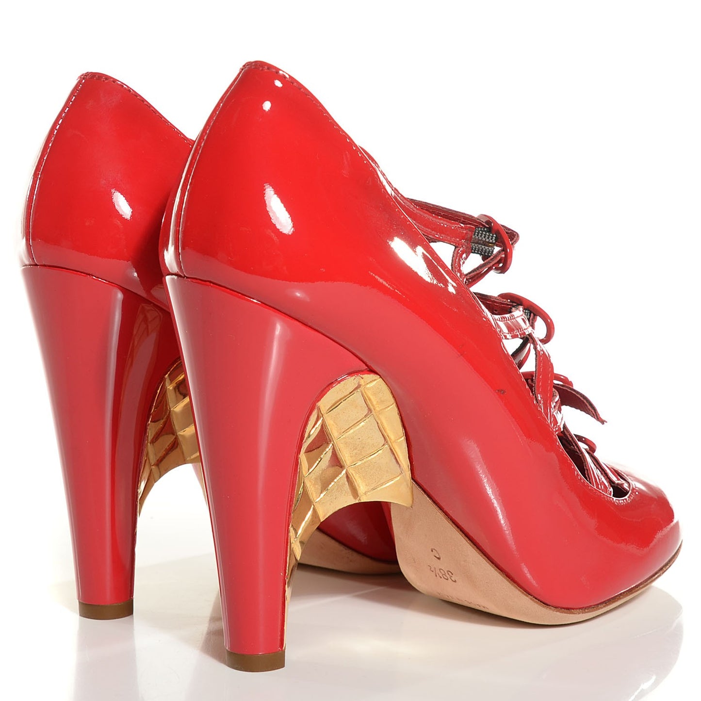 Patent Calfskin Quilted Pumps 38.5 Red Gold