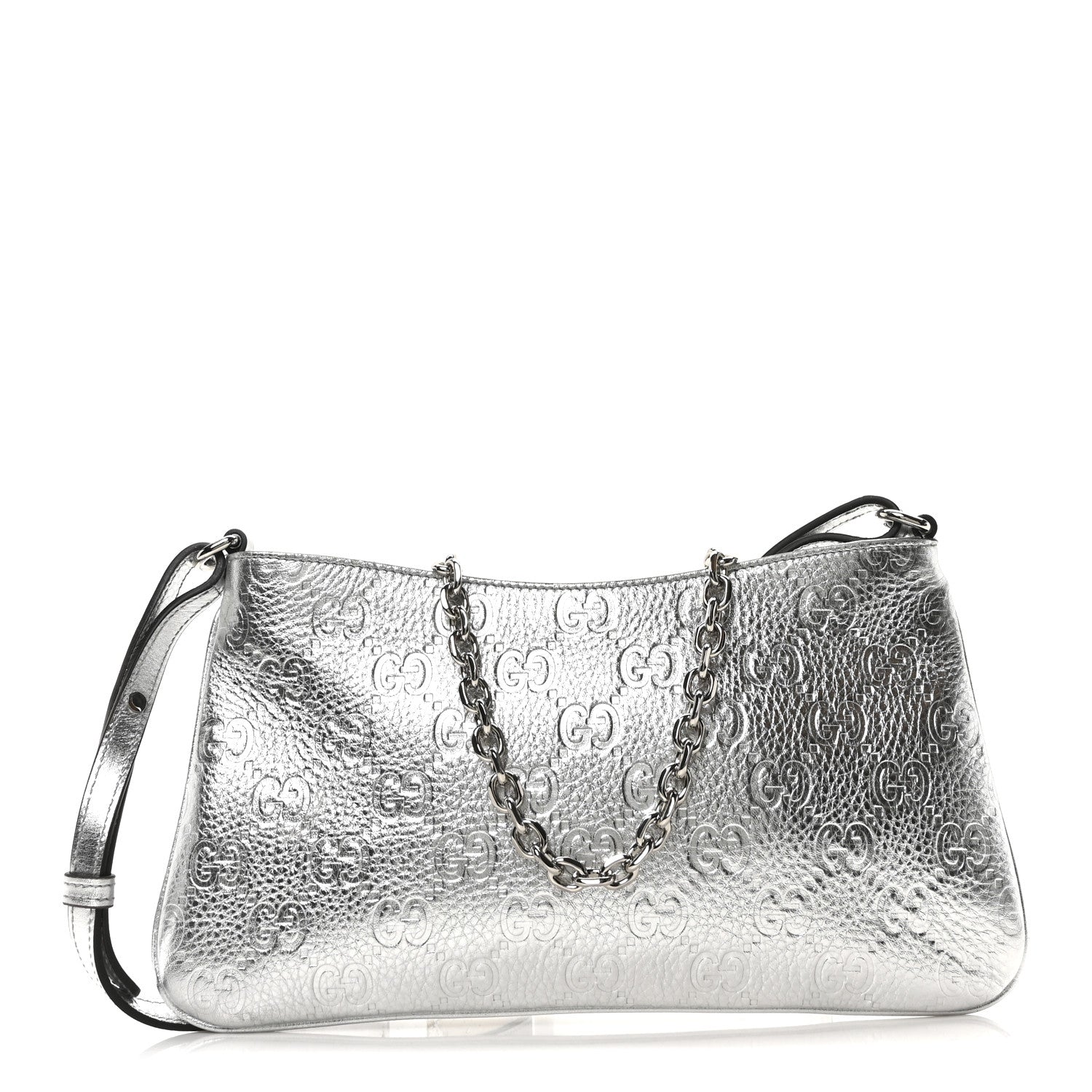 Gucci Metallic GG Grainy Calfskin Emblem Medium Shoulder Bag Silver 1 of 10
