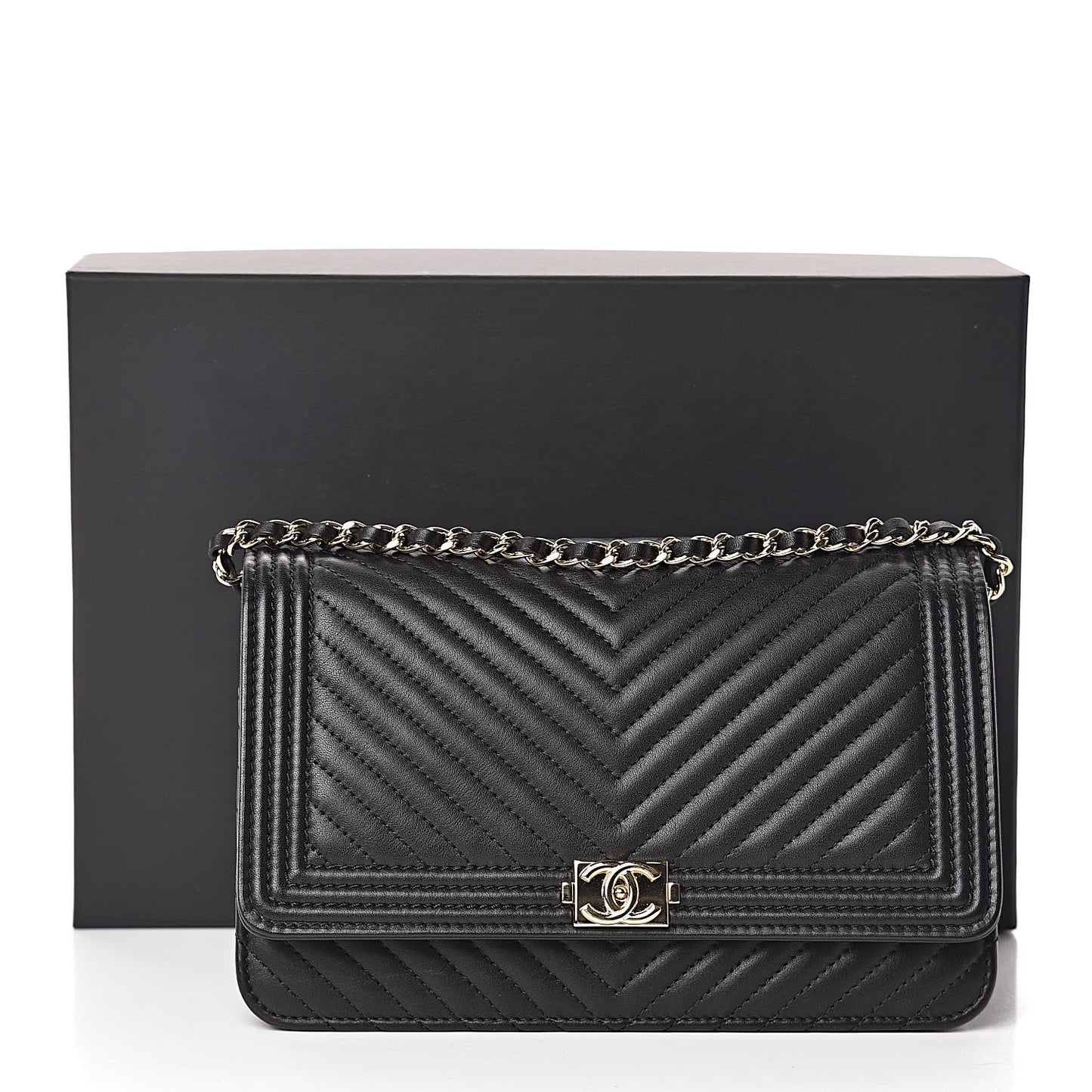 Calfskin Chevron Boy Wallet On Chain WOC Black