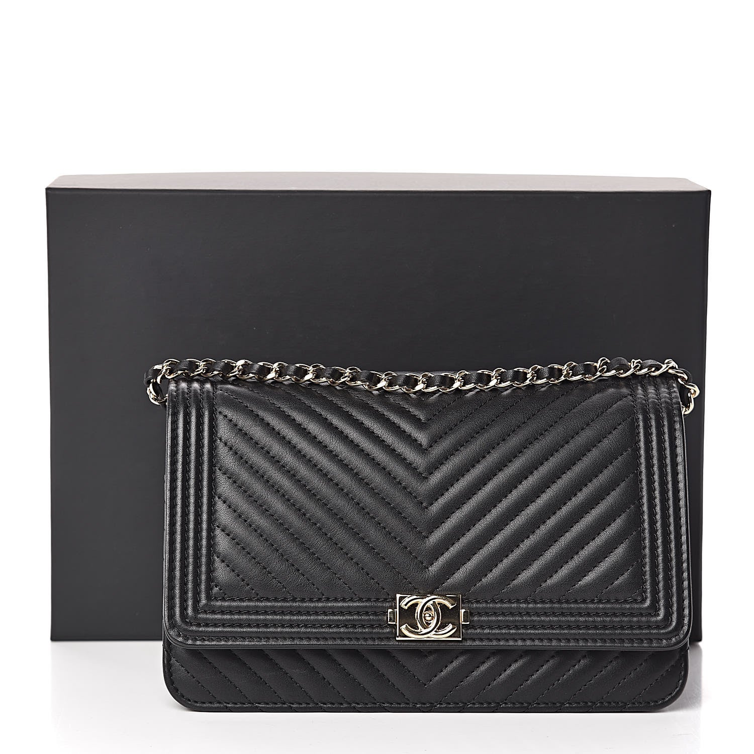 Chanel Calfskin Chevron Boy Wallet On Chain WOC Black 13 of 13