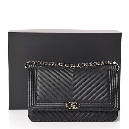 Chanel Calfskin Chevron Boy Wallet On Chain WOC Black 13 of 13