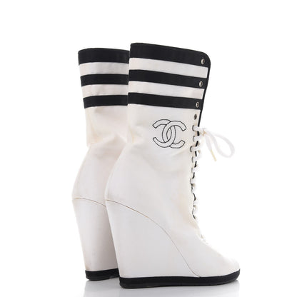 Chanel Canvas Lace Up Wedge Boots 37.5 White Black 4 of 18