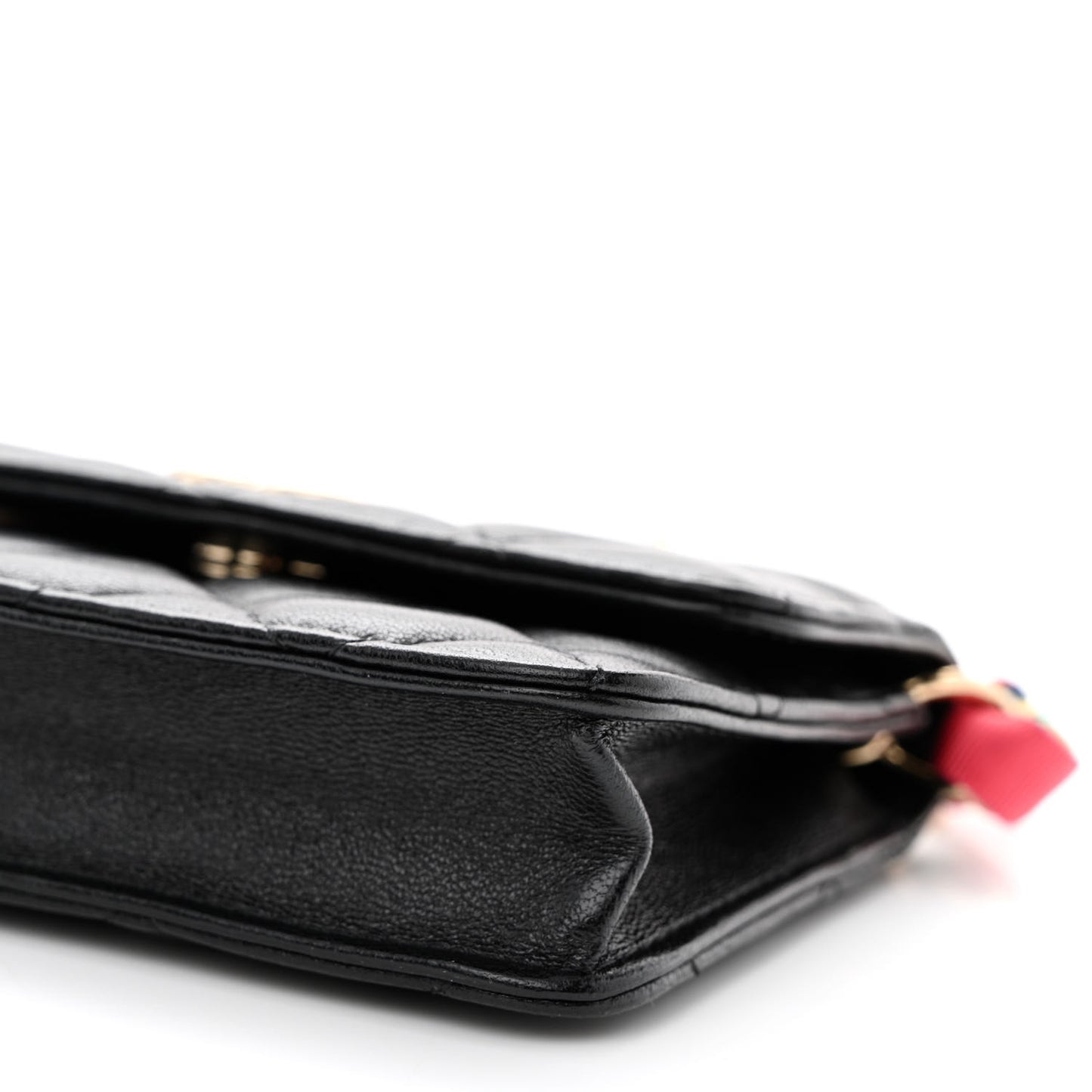 Shiny Lambskin Ribbon Quilted Flap Belt Bag Black