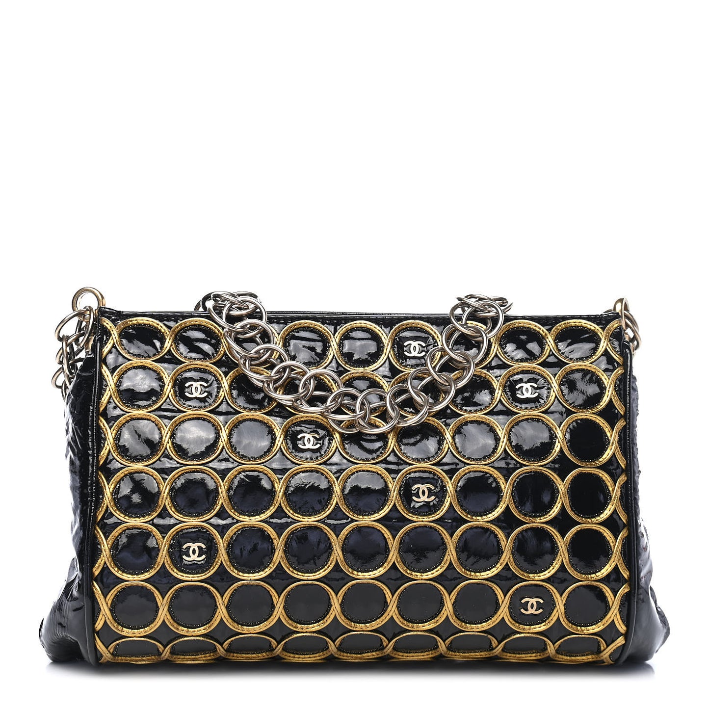 Patent Embroidered Clutch With Chain Black Gold