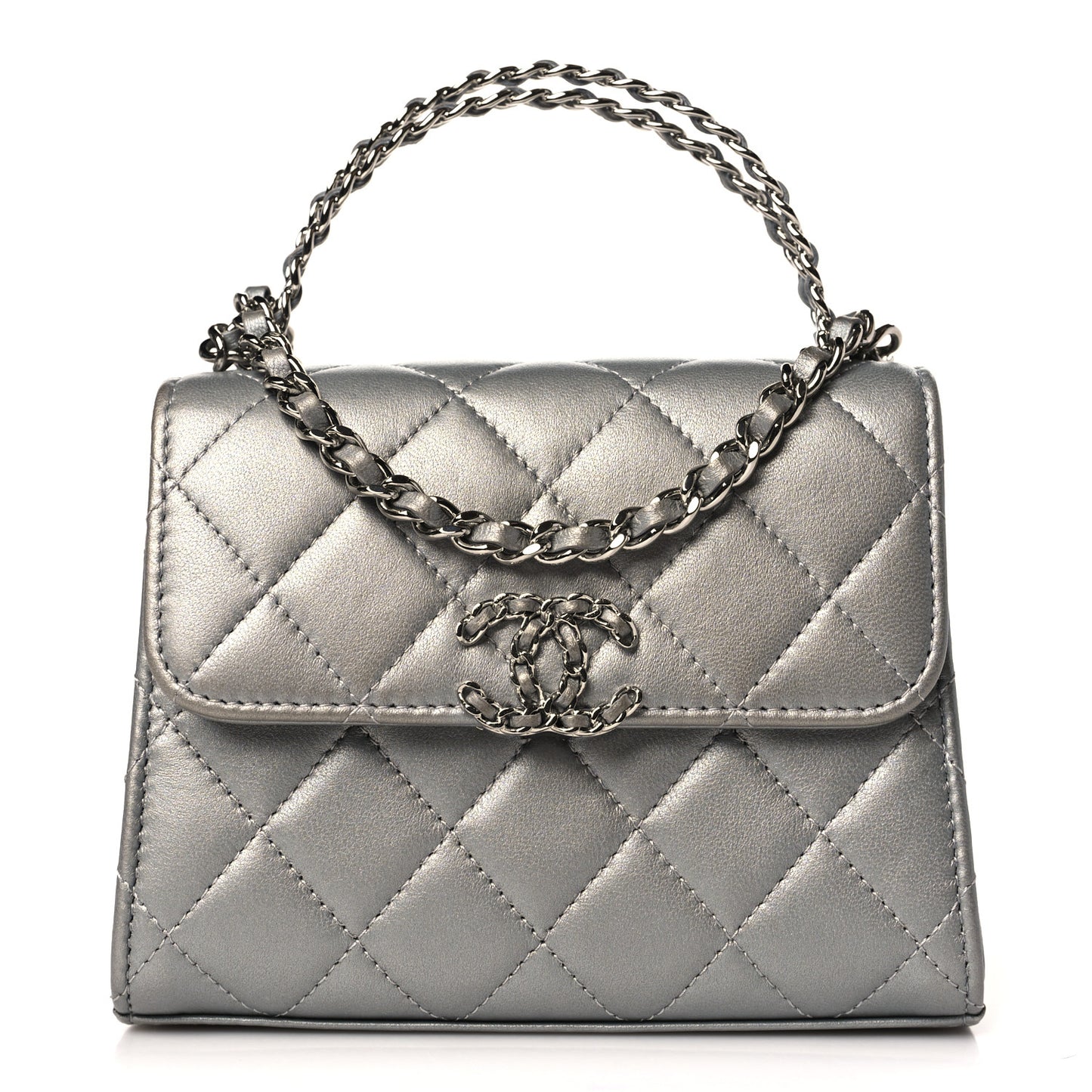 Metallic Lambskin Quilted Chain CC Top Handle Clutch With Chain Silver