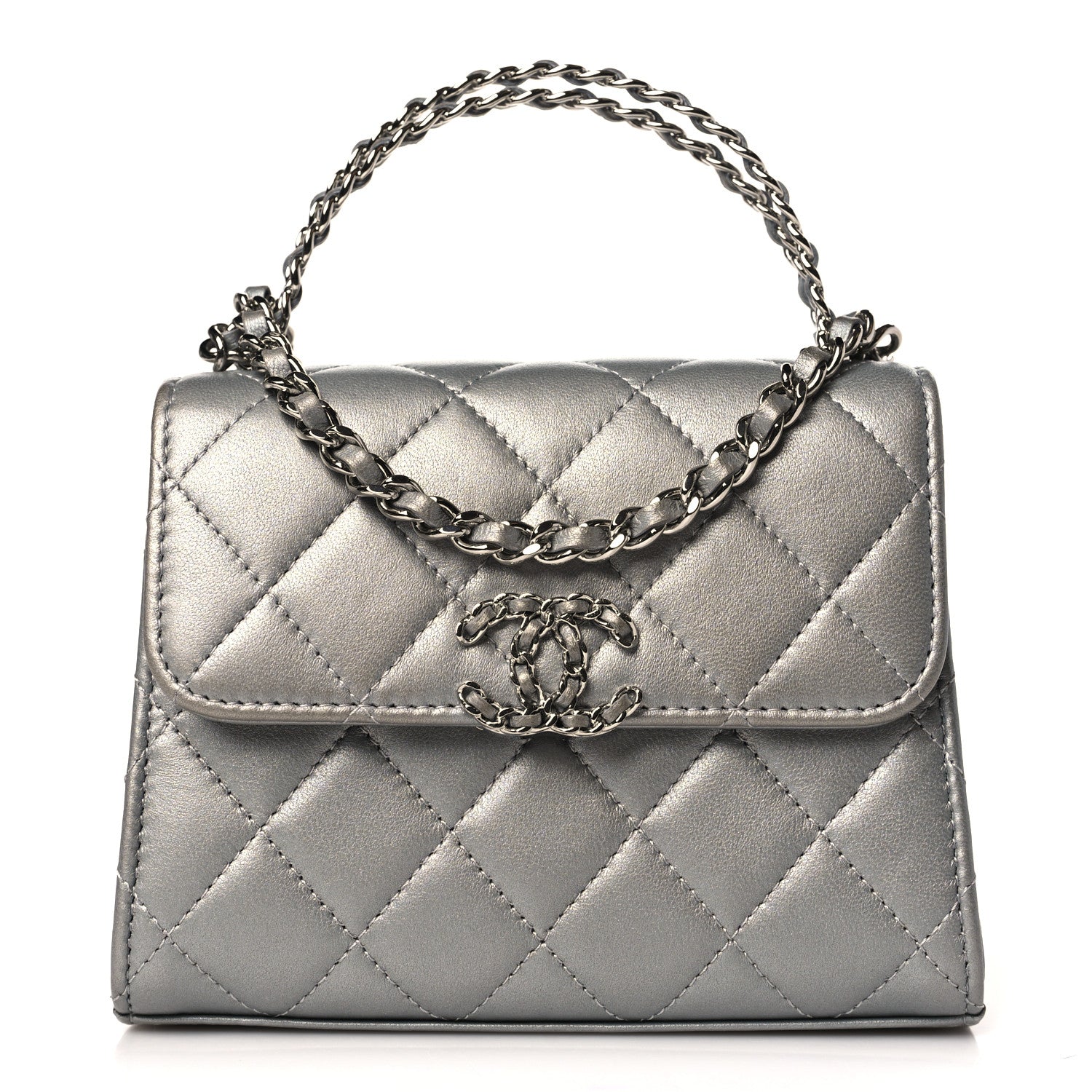 Chanel Metallic Lambskin Quilted Chain CC Top Handle Clutch With Chain Silver 1 of 10