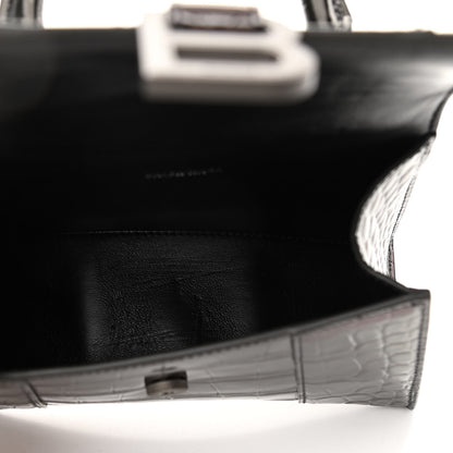 Balenciaga Shiny Calfskin Crocodile Embossed Hourglass Top Handle Bag XS Gunmetal 5 of 9