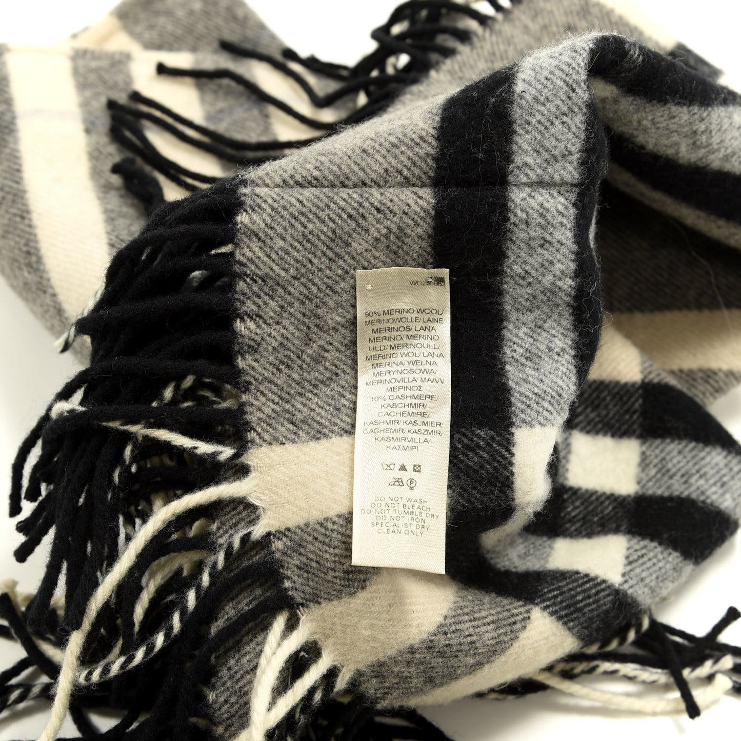 Wool Cashmere Giant Check Fringe Scarf Pale Grey