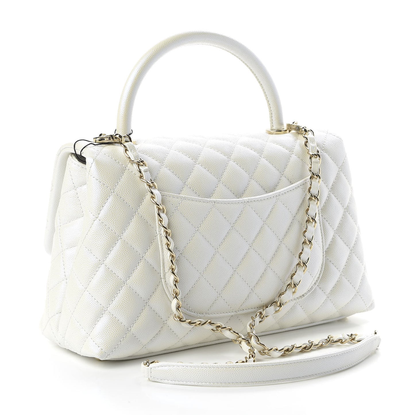 Iridescent Caviar Quilted Small Coco Handle Flap White