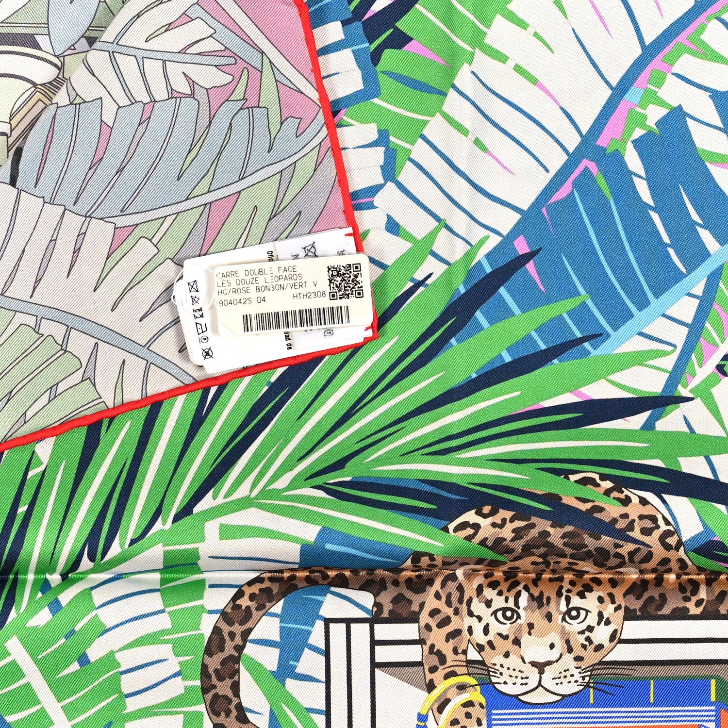 Hermes Silk Les Douze Leopards Double Face Scarf 90 Rose Bonbon Vert Verone 3 of 3