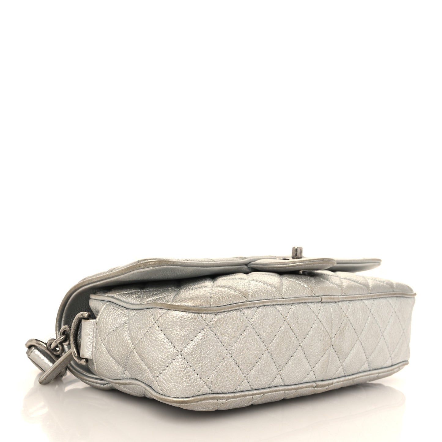 Metallic Grained Calfskin Quilted Small Casual Rock Flap Silver