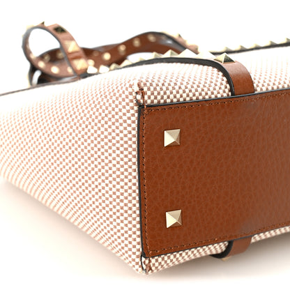 Valentino Garavani Canvas Grained Calfskin Small Rockstud Shopping Tote Naturale Tobacco 8 of 10