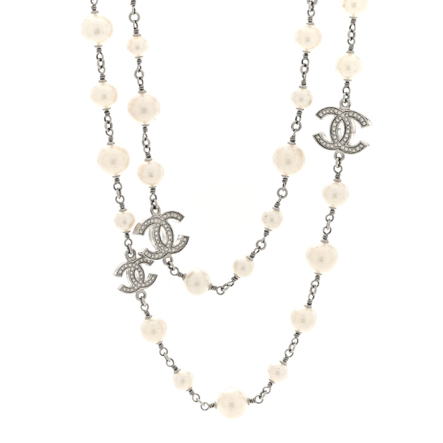 Crystal Pearl CC Long Necklace Silver