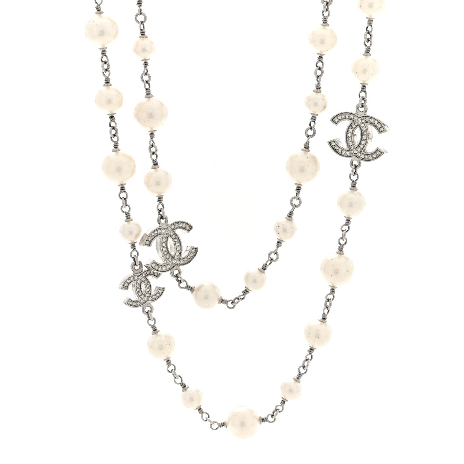 Chanel Crystal Pearl CC Long Necklace Silver 1 of 4