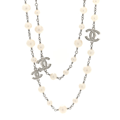 Chanel Crystal Pearl CC Long Necklace Silver 1 of 4