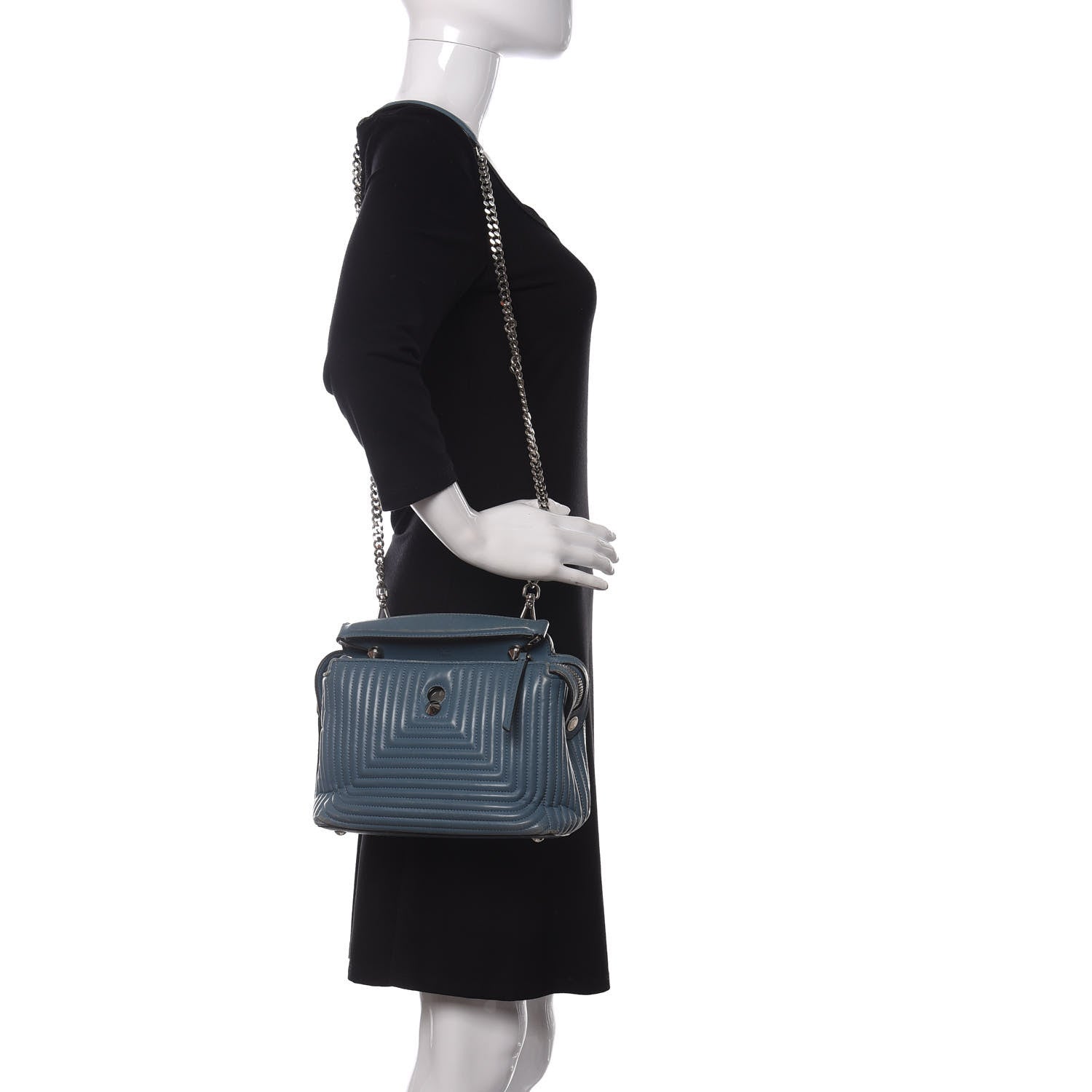 Fendi Shiny Nappa Trapuntata Small DotCom Click Top Handle Chain Satchel Blue 2 of 14