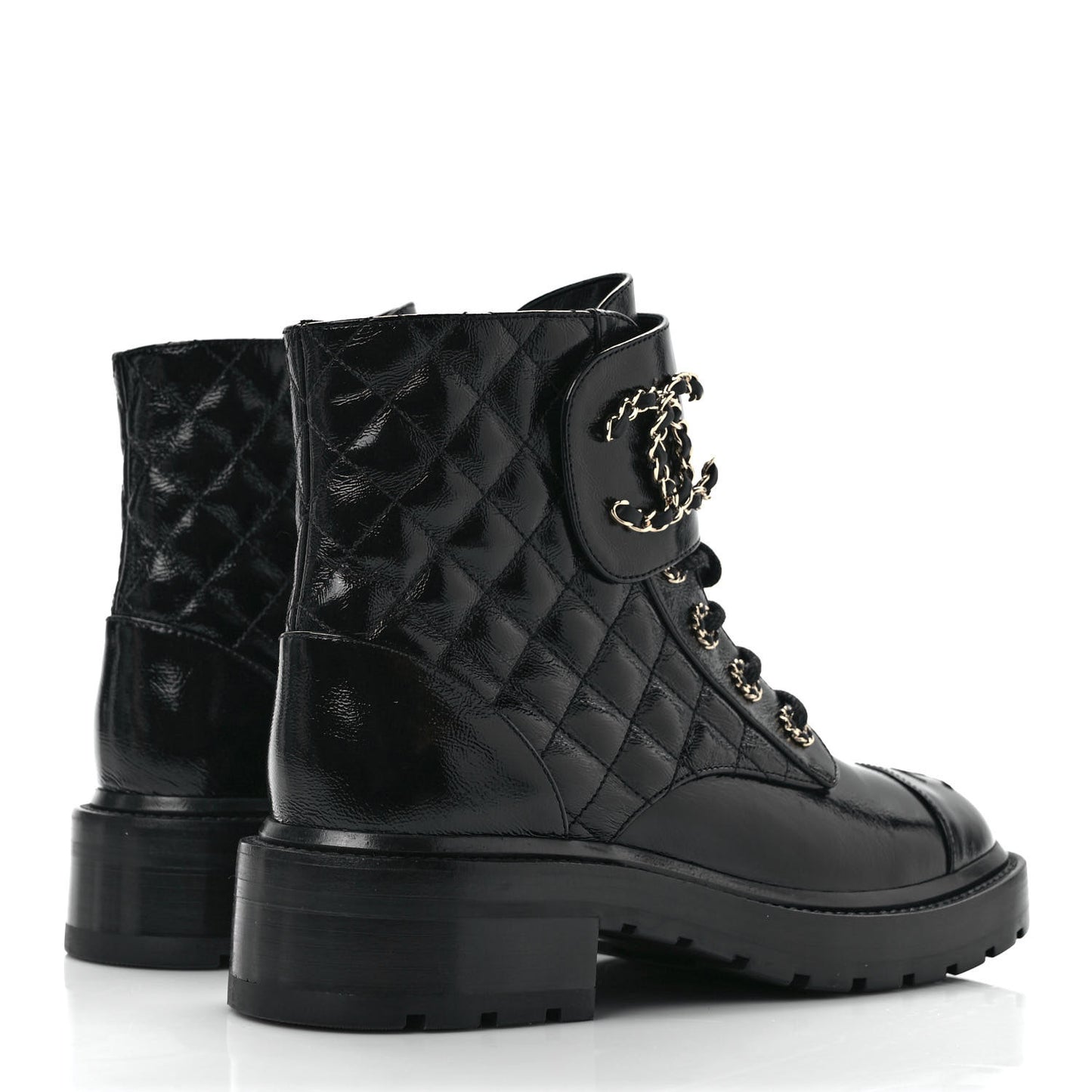 Shiny Calfskin Quilted Lace Up Combat Boots 37.5 Black
