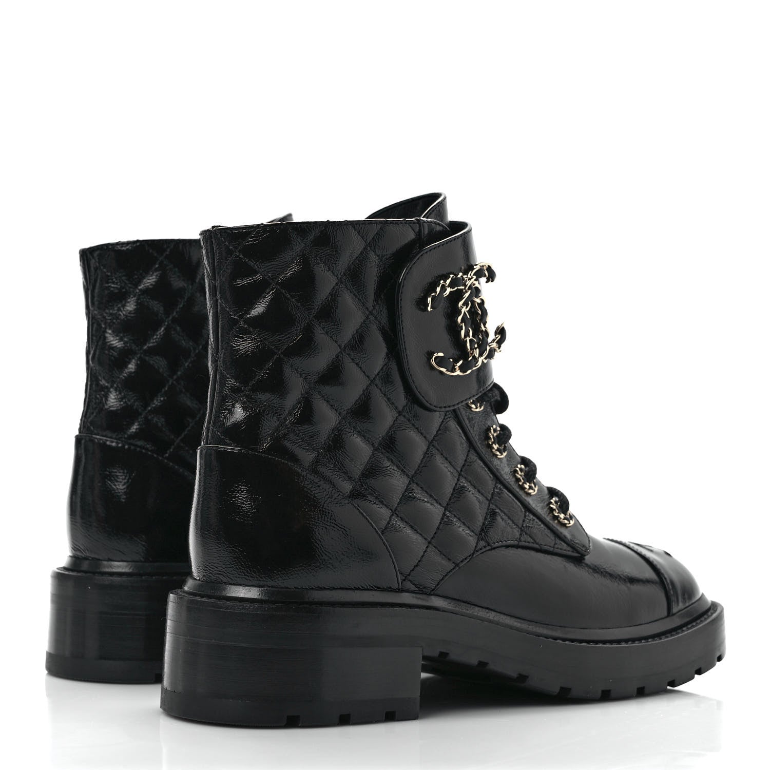 Chanel Shiny Calfskin Quilted Lace Up Combat Boots 37.5 Black 4 of 9