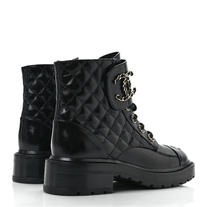 Chanel Shiny Calfskin Quilted Lace Up Combat Boots 37.5 Black 4 of 9