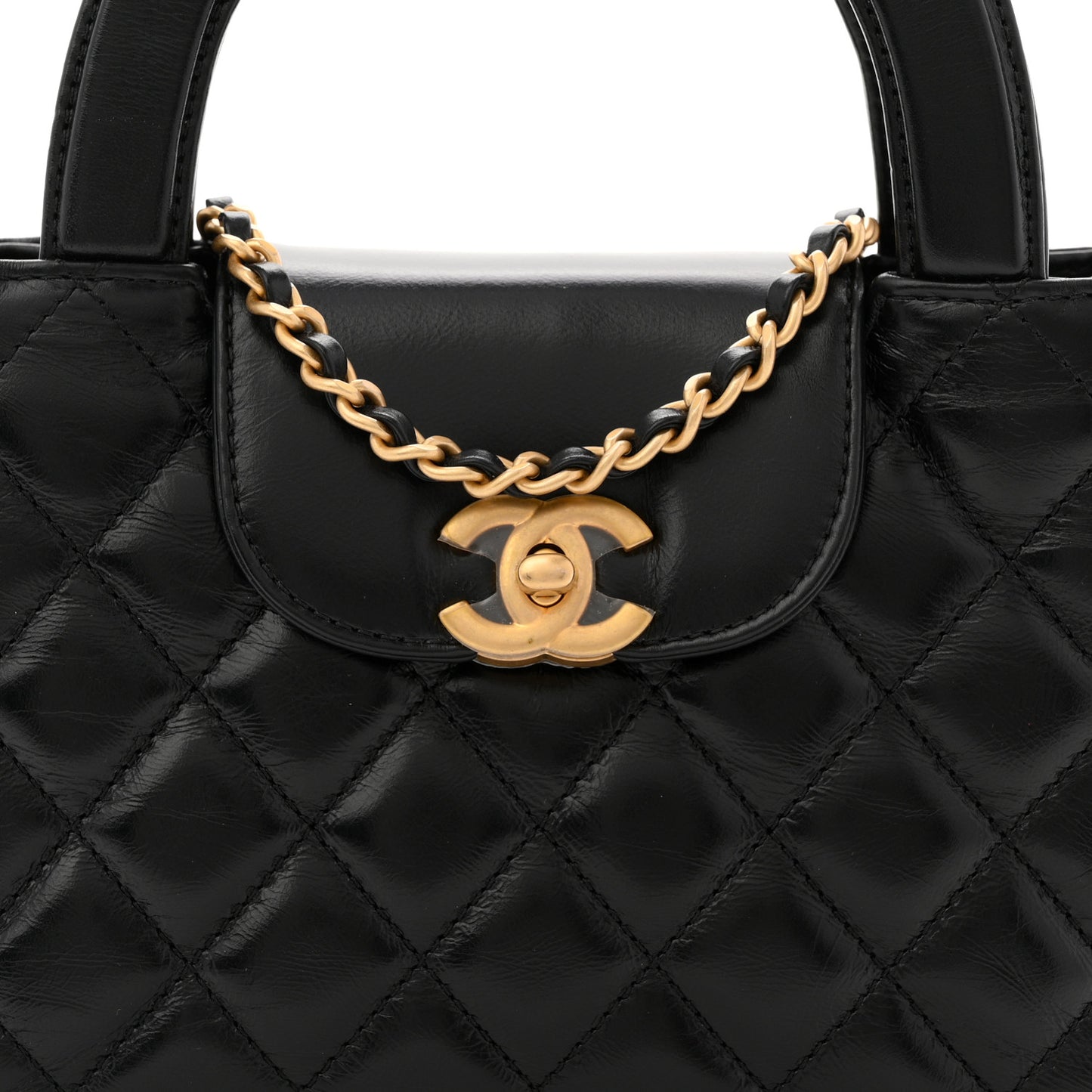 Shiny Aged Calfskin Quilted Nano Kelly Shopper Black