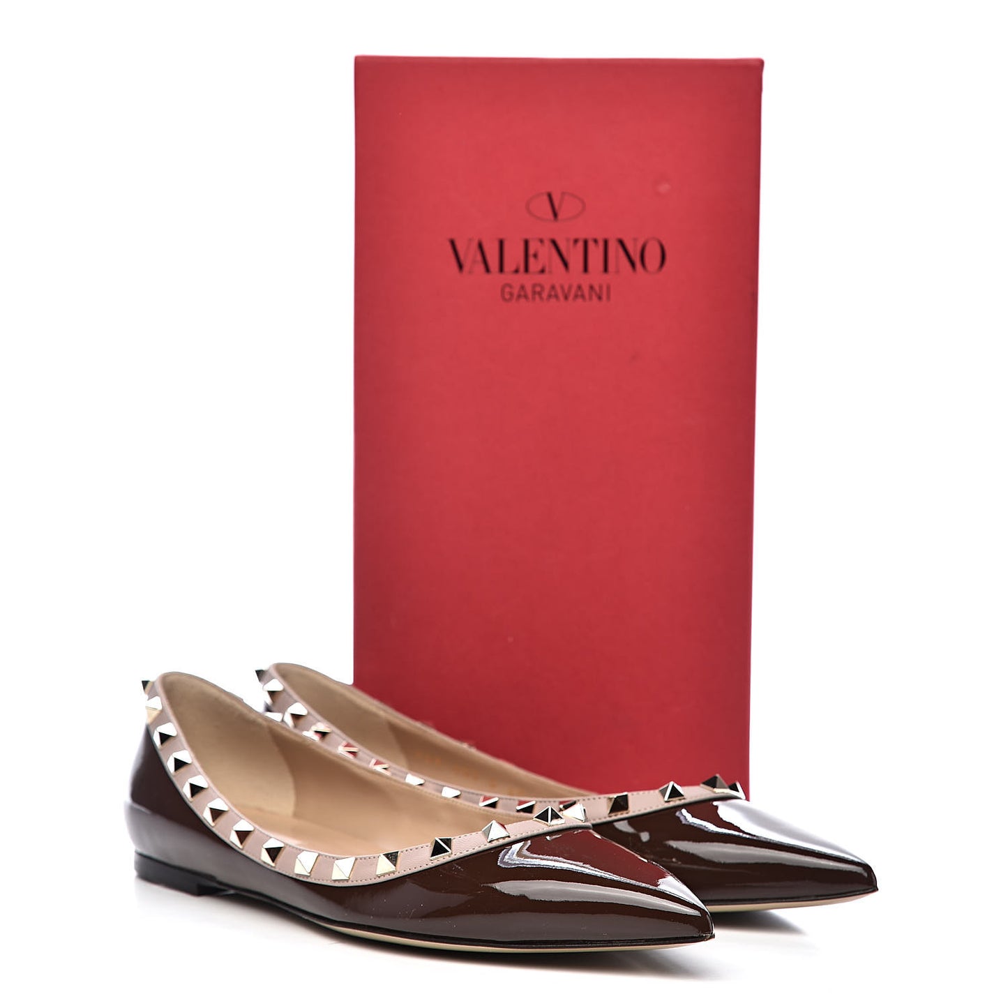 Patent Nappa Rockstud Ballerina Flats 40 Cacao Poudre