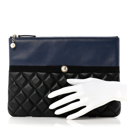 Chanel Goatskin Lambskin Grosgrain Pearl CC Medium Cosmetic Case Black Navy 2 of 7