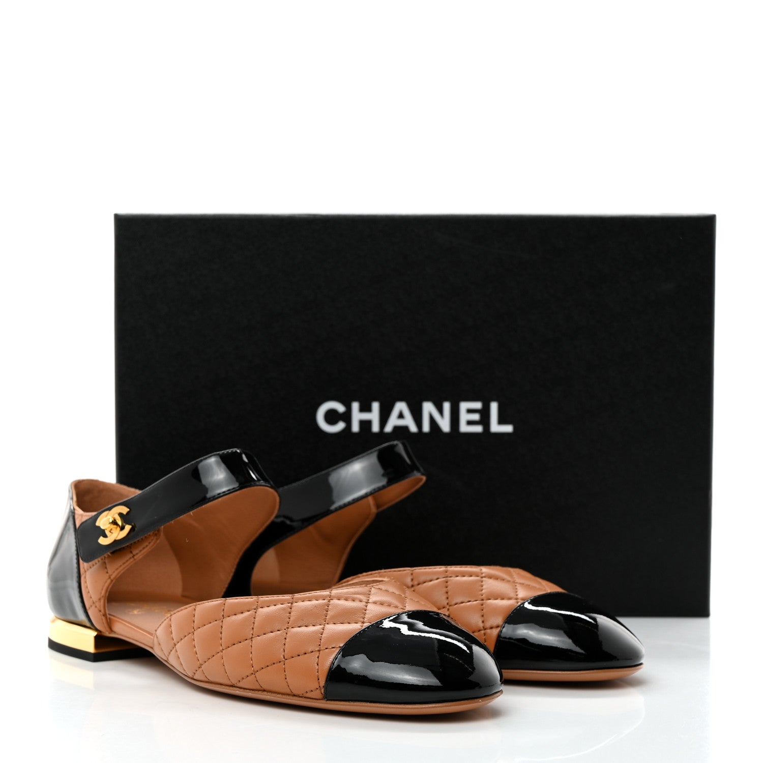 Chanel Patent Lambskin Quilted Cap Toe Ballerina Flats 41 Light Brown Black 9 of 9