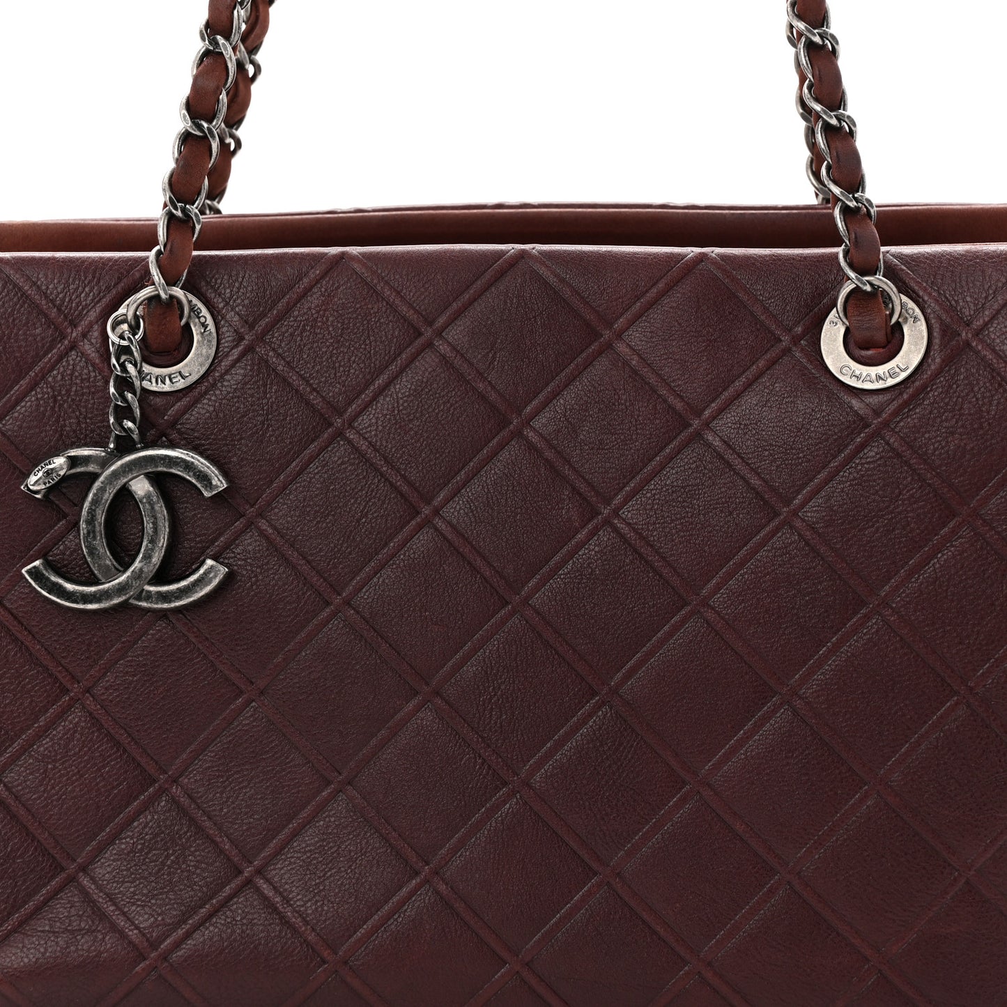 Calfskin Diamond Embossed Large CC Zip Shopping Tote Burgundy