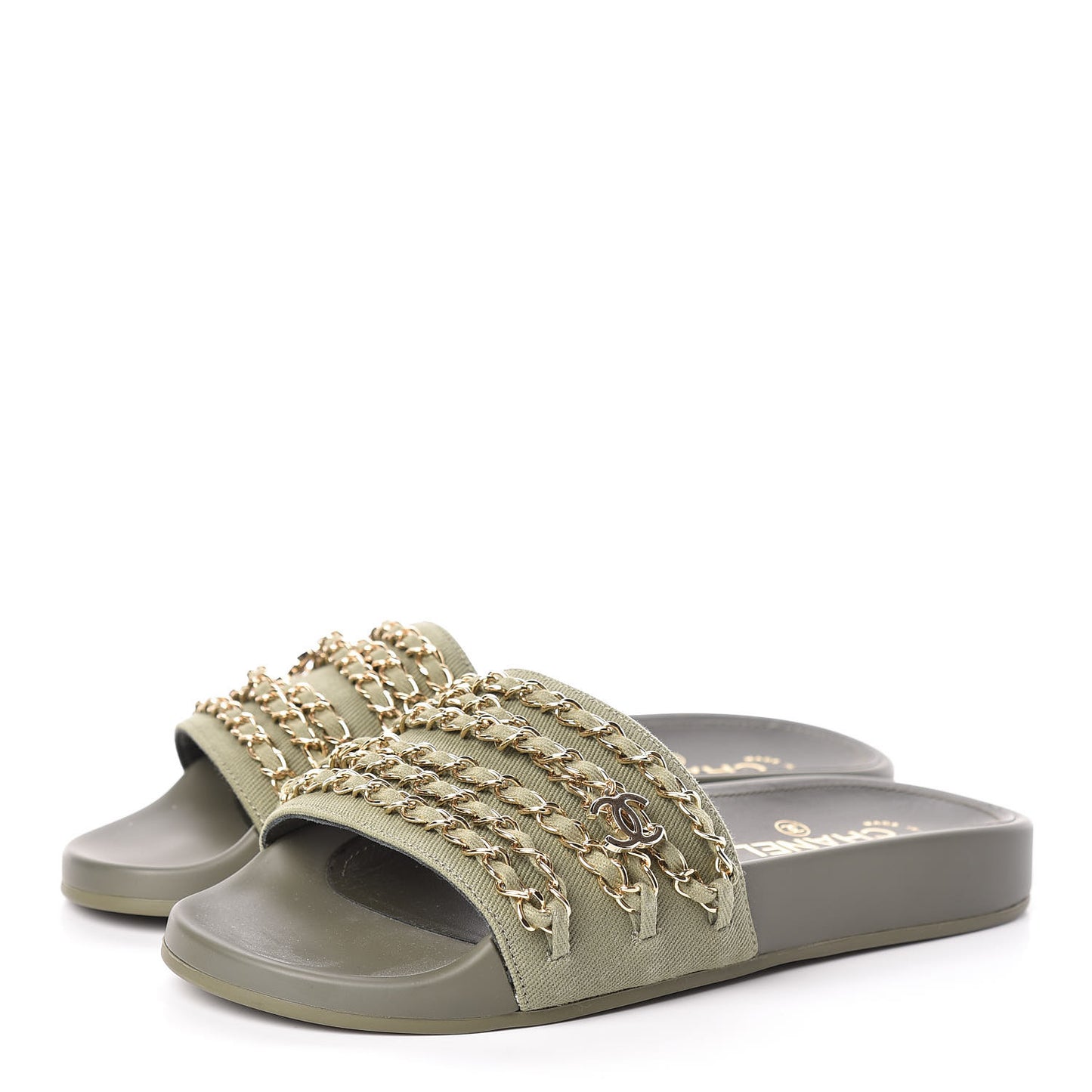 Canvas Chain Flat Sandals 38 Khaki