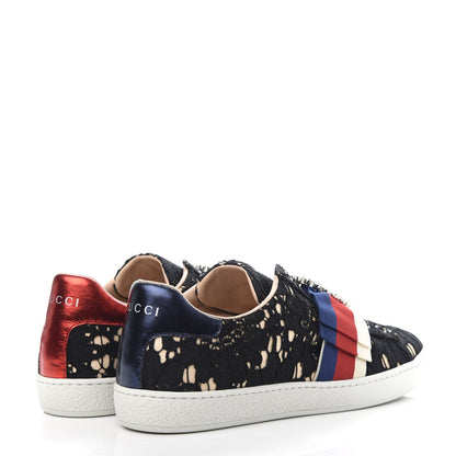Gucci Lace Crystal Sylvie Web Flower Leaf Womens Ace Sneakers 37.5 Black Tan Beige 4 of 11