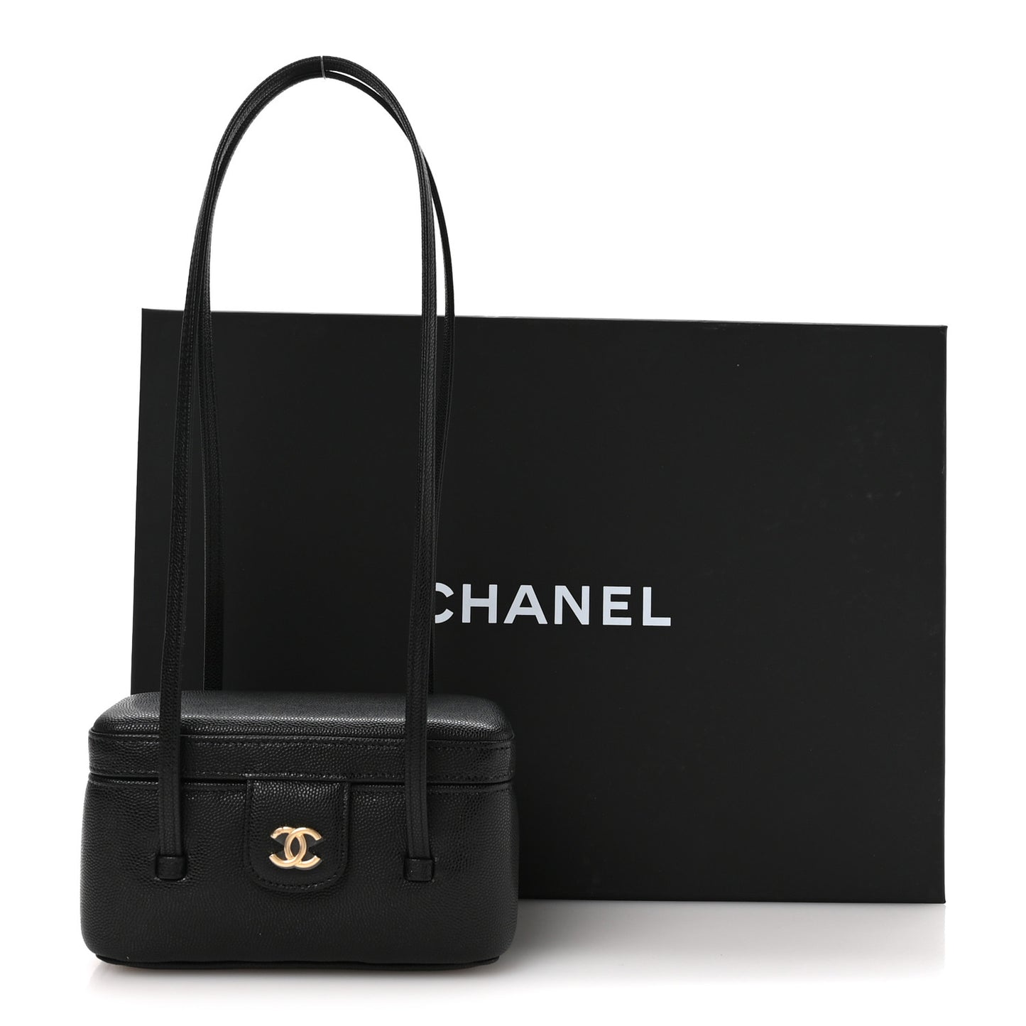 Shiny Caviar Preppy Coco Long Vanity With Strap Black