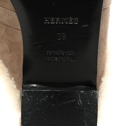 Hermes Suede Goatskin Shearling Womens Oz Mules 39 Etoupe Ecru 7 of 13
