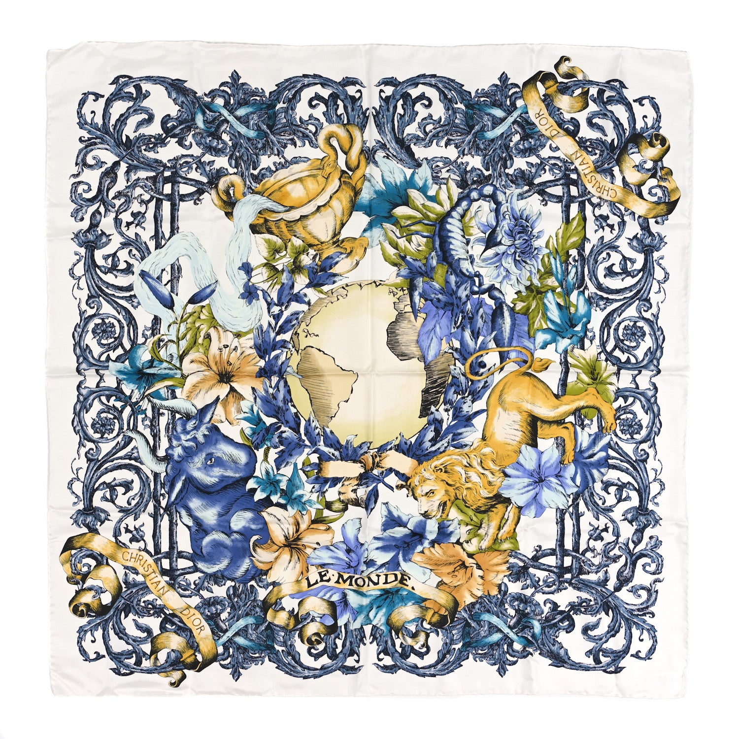 Christian Dior Silk Le Monde 90 Square Scarf White Multicolor 1 of 3