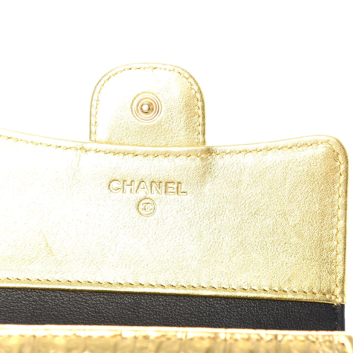 Metallic Calfskin Crocodile Embossed Cocodile Compact Flap Wallet Gold