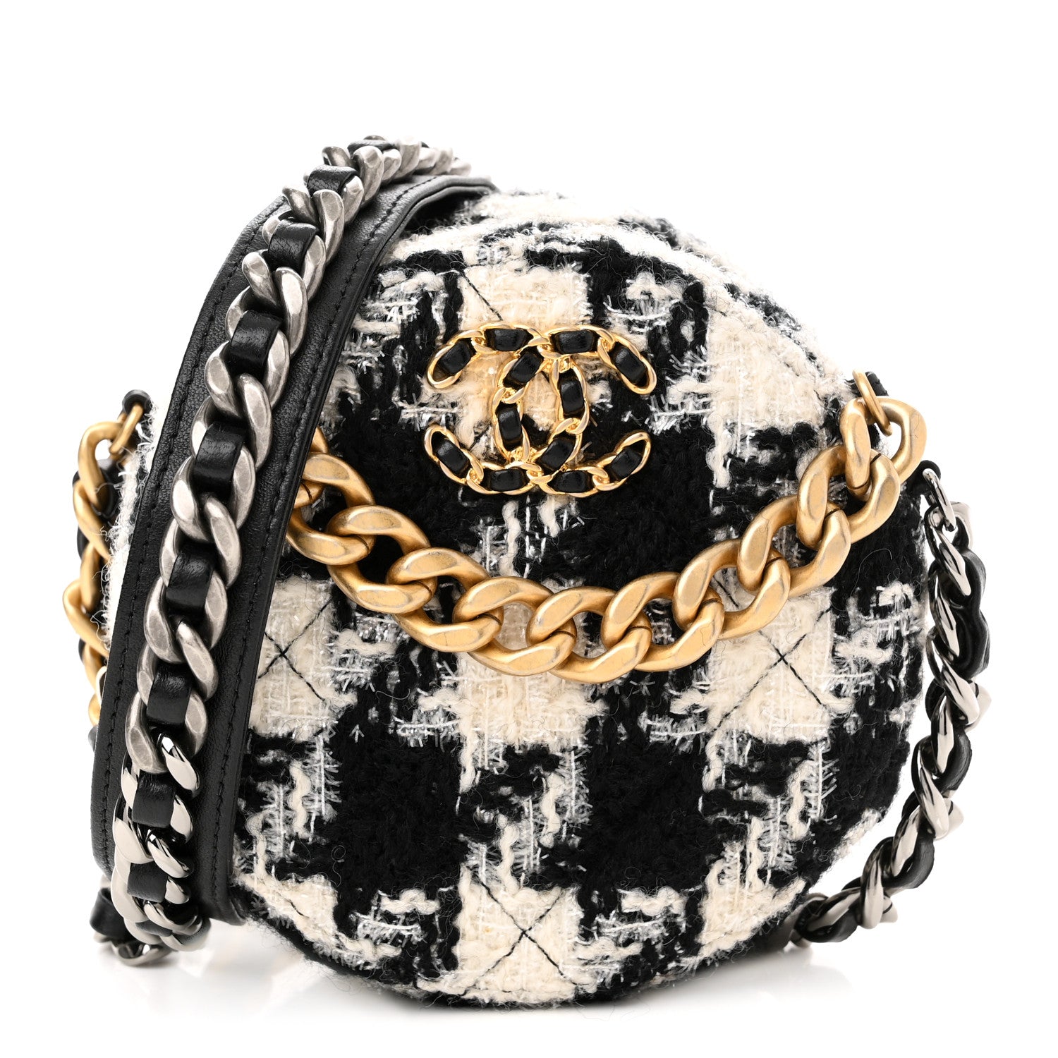 Chanel Wool Tweed Lambskin Quilted Chanel 19 Round Clutch With Chain and Coin Purse Black White 1 of 10