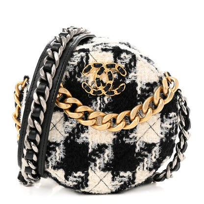 Chanel Wool Tweed Lambskin Quilted Chanel 19 Round Clutch With Chain and Coin Purse Black White 1 of 10