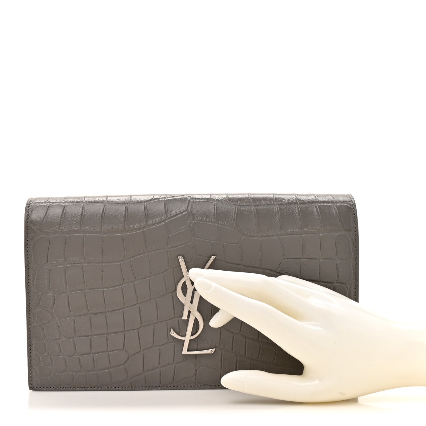 Croc Embossed Calfskin Classic Kate Monogram Clutch Fog