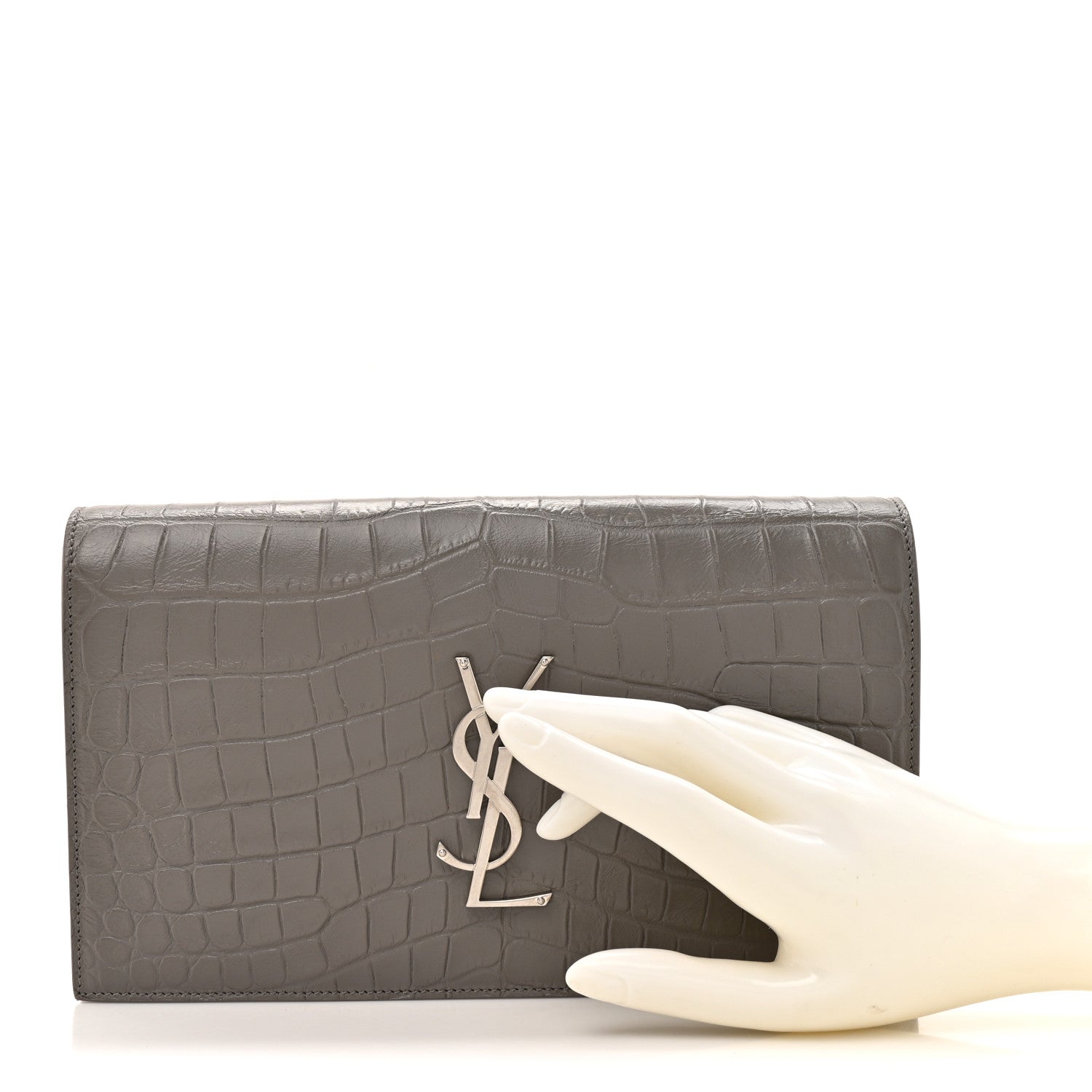 Saint Laurent Croc Embossed Calfskin Classic Kate Monogram Clutch Fog 2 of 10