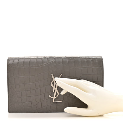 Saint Laurent Croc Embossed Calfskin Classic Kate Monogram Clutch Fog 2 of 10