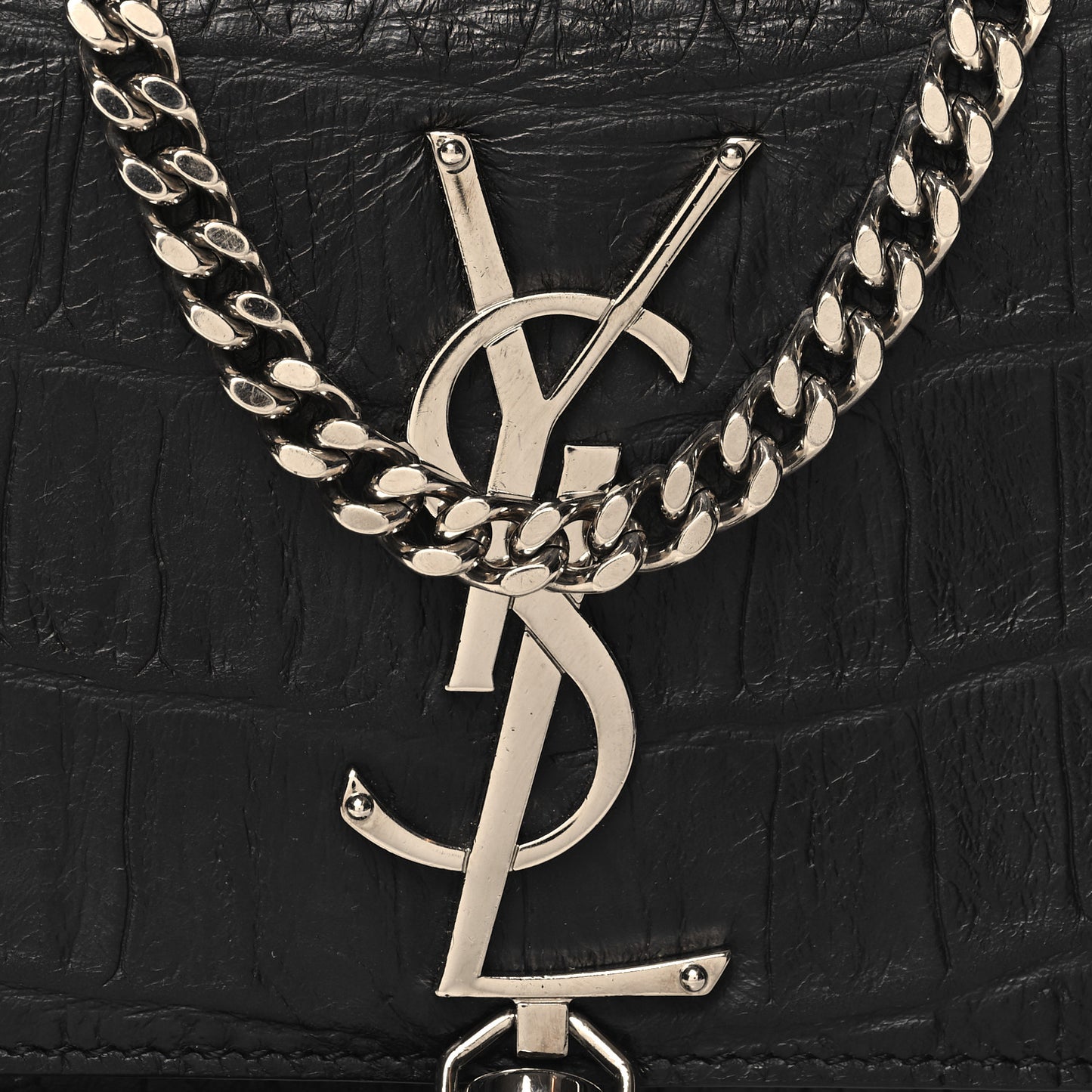 Calfskin Crocodile Embossed Small Classic Monogram Kate Tassel Satchel Black